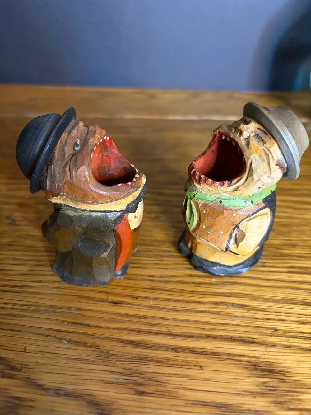 Vintage ANRI Style Carved Wood Big Mouth Toothpick Match Holder Set